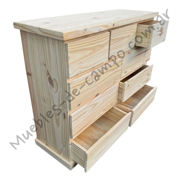 Cómoda Cajonera de pino con 9 cajones, 3 cajones chicos + 6 cajones largos
