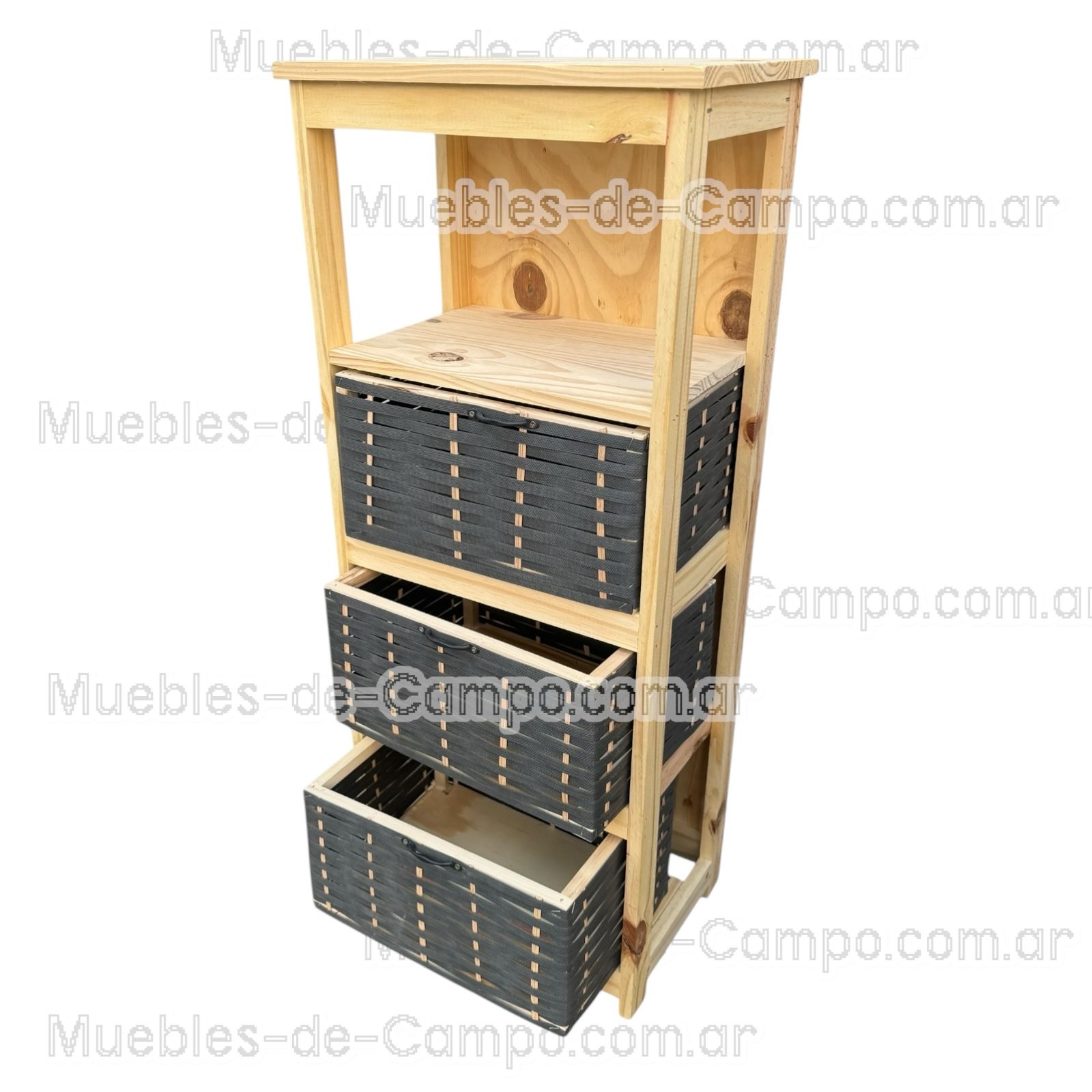 Canastero Organizador de Madera de Pino con 1 estante y 3 Canastos de suncho y mimbre – Diseño Funcional y Estilizado - Imagen 9