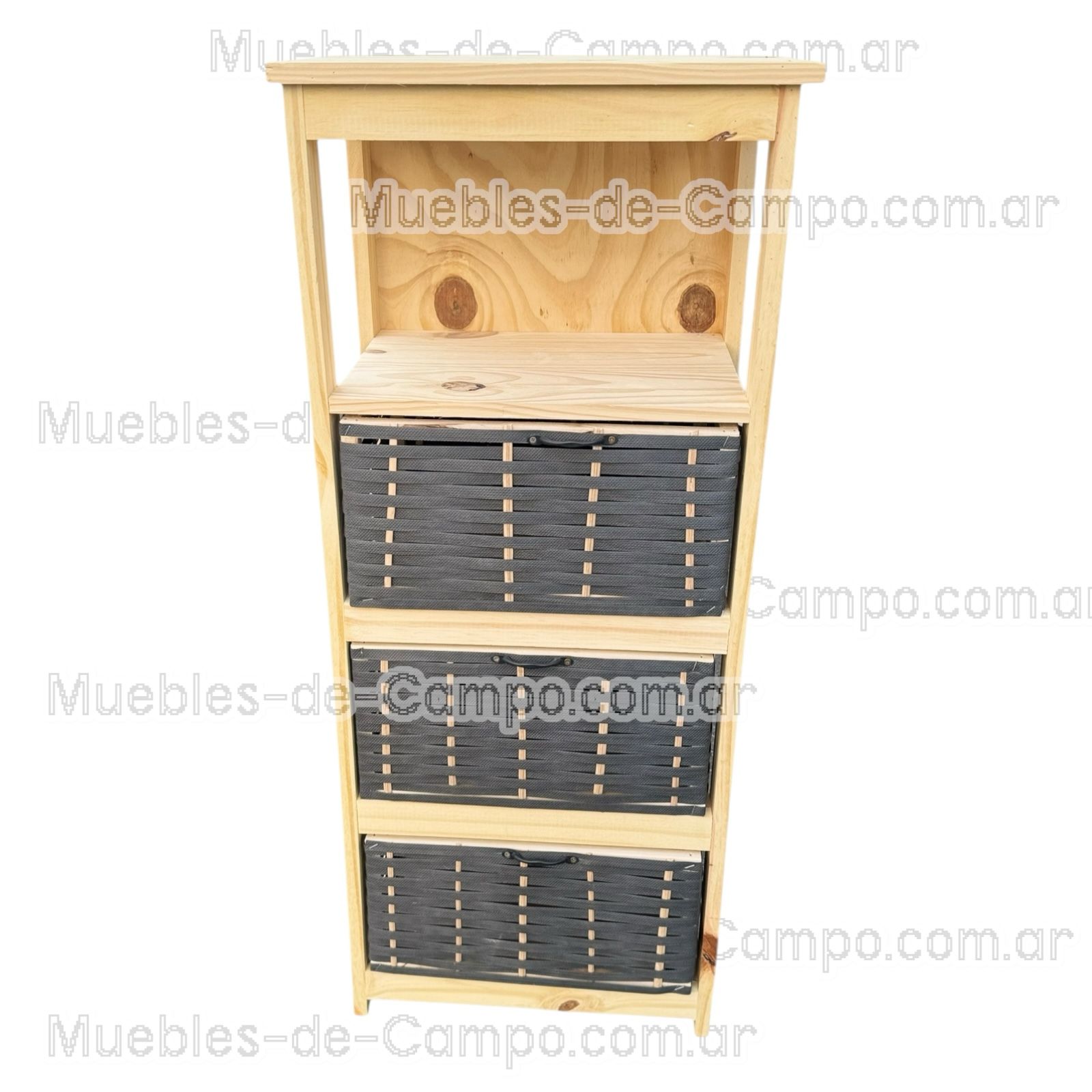 Canastero Organizador de Madera de Pino con 1 estante y 3 Canastos de suncho y mimbre – Diseño Funcional y Estilizado - Imagen 7