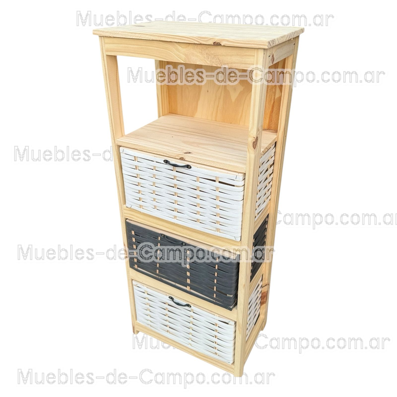 Canastero Organizador de Madera de Pino con 1 estante y 3 Canastos de suncho y mimbre – Diseño Funcional y Estilizado - Imagen 4