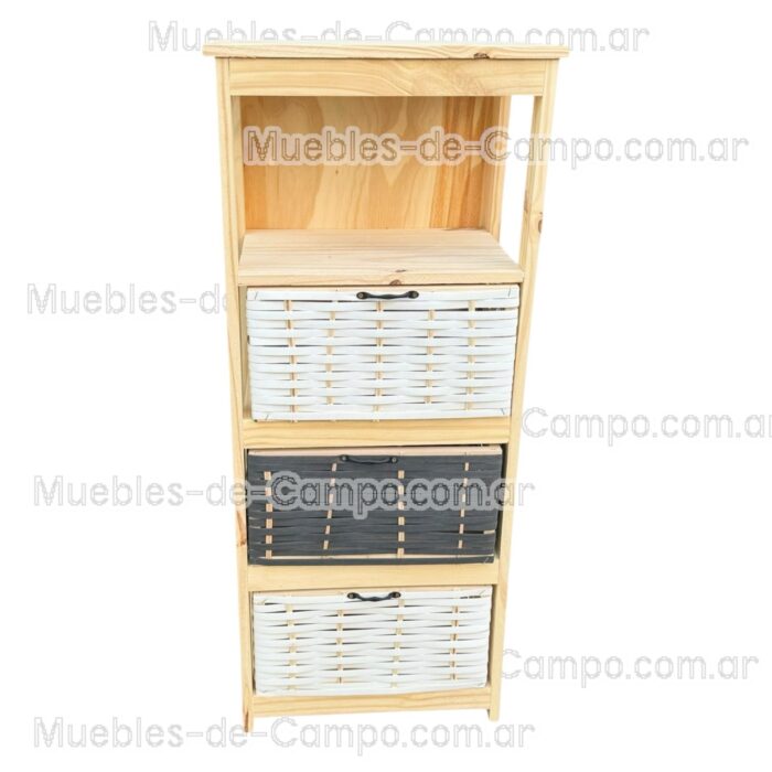 Canastero Organizador de Madera de Pino con 1 estante y 3 Canastos de suncho y mimbre – Diseño Funcional y Estilizado - Imagen 3
