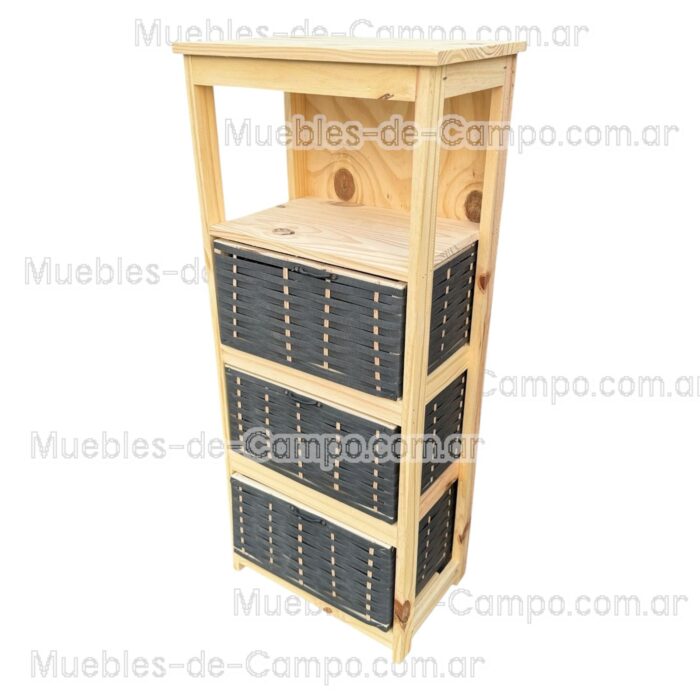 Canastero Organizador de Madera de Pino con 1 estante y 3 Canastos de suncho y mimbre – Diseño Funcional y Estilizado - Imagen 5