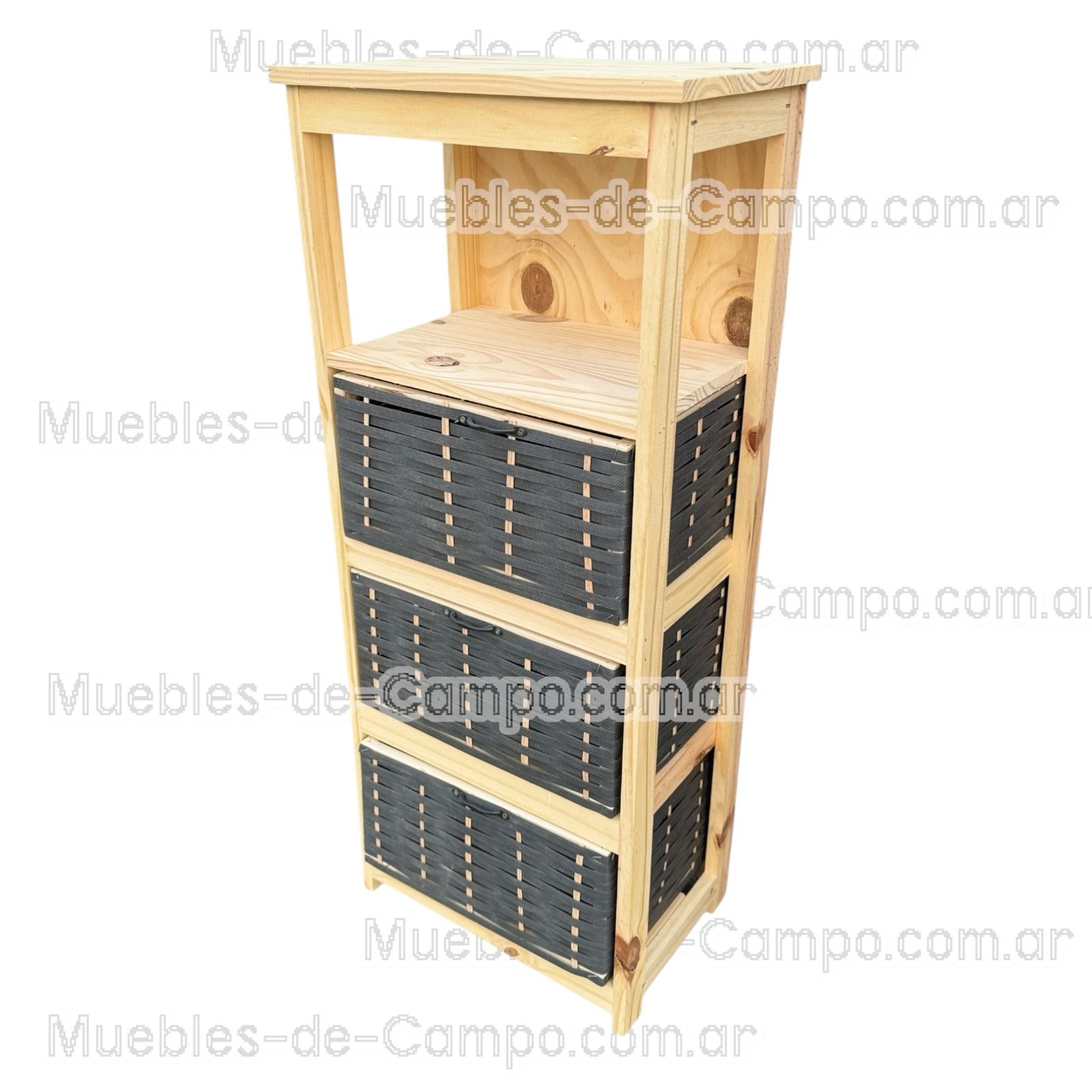 Canastero Organizador de Madera de Pino con 1 estante y 3 Canastos de suncho y mimbre – Diseño Funcional y Estilizado - Imagen 5
