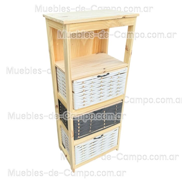 Canastero Organizador de Madera de Pino con 1 estante y 3 Canastos de suncho y mimbre – Diseño Funcional y Estilizado - Imagen 2