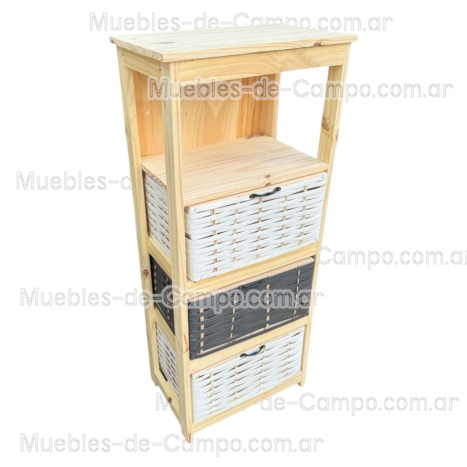 Canastero Organizador de Madera de Pino con 1 estante y 3 Canastos de suncho y mimbre – Diseño Funcional y Estilizado - Imagen 2