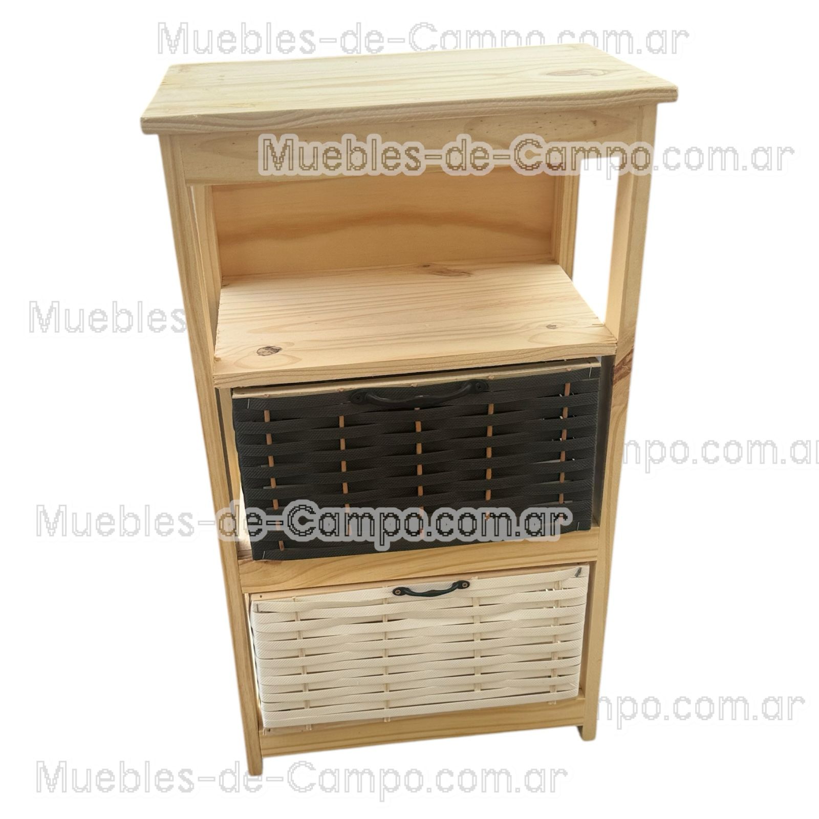 Canastero Organizador de Madera de Pino con 1 estante y 2 Canastos de suncho y mimbre – Diseño Funcional y Estilizado