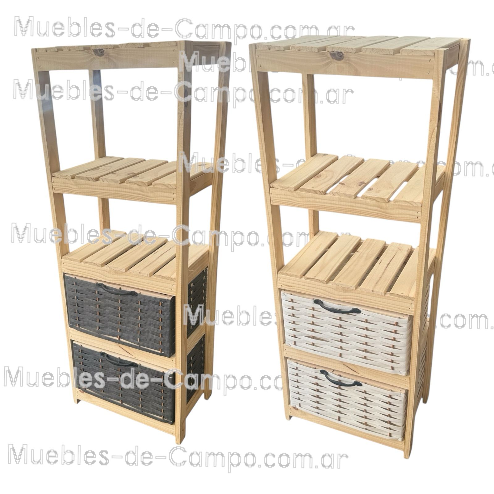 Canastero Organizador de Madera de Pino con 3 Estantes y 2 Canastos de Mimbre – Solución Perfecta para el Orden en Casa
