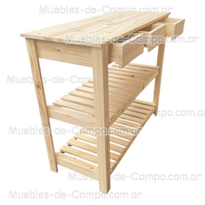 Barra Desayunadora 120x50x100 de pino con 3 cajones y dos estantes